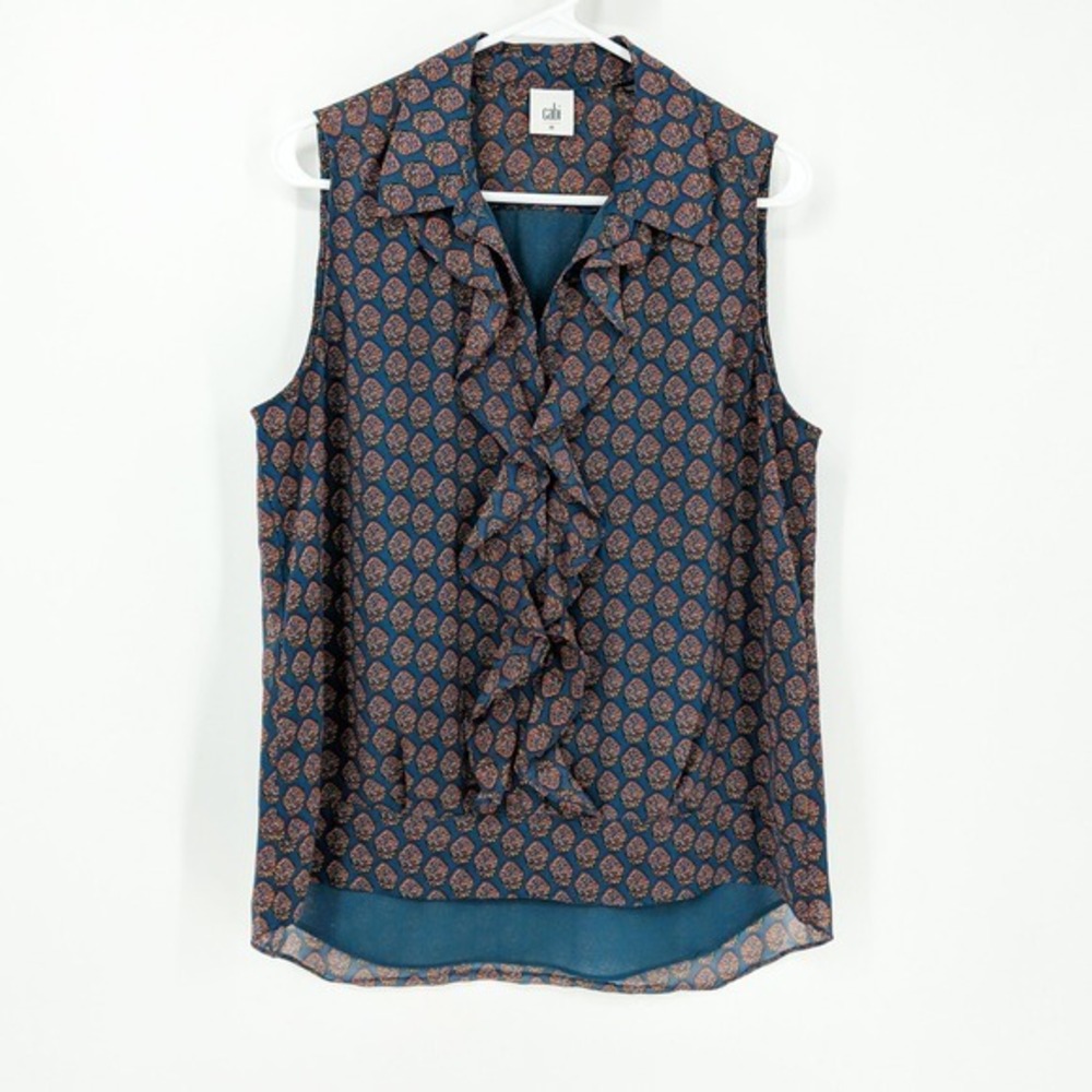 CAbi Medallion Reign Sleeveless Ruffle Front‎ Blouse Teal Orange Women's Size M
